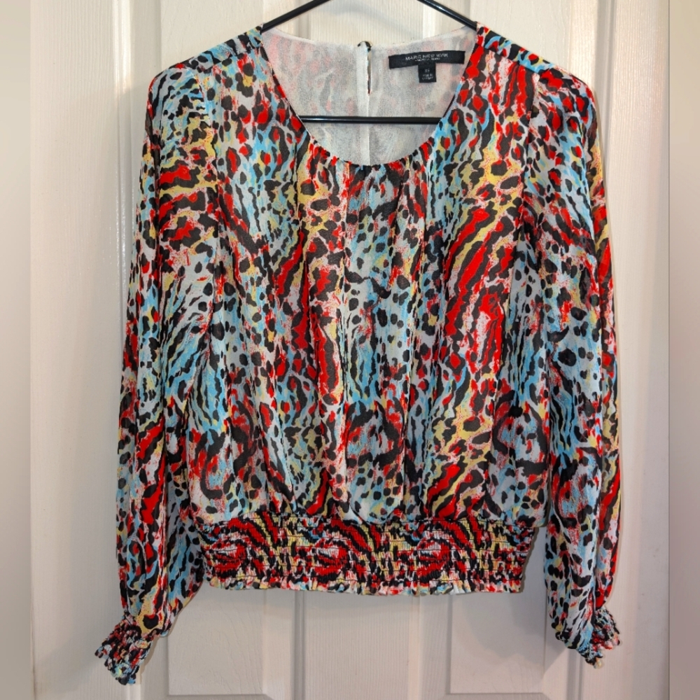 XS Marc New York Vibrant Multicolor Animal Print Long Sleeve Blouse